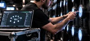 Técnico ajustando sensores de un muro interactivo con una laptop antes del evento